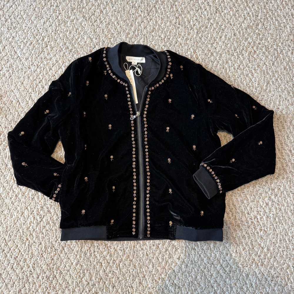 NWT Lovestitch Cait Black Velvet Beaded Bomber Jacket Floral Embroidery Medium